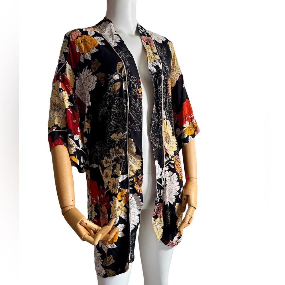 Papaya Women’s Sheer Kimono Duster Cover up Shawl Floral Black Orange Yellow